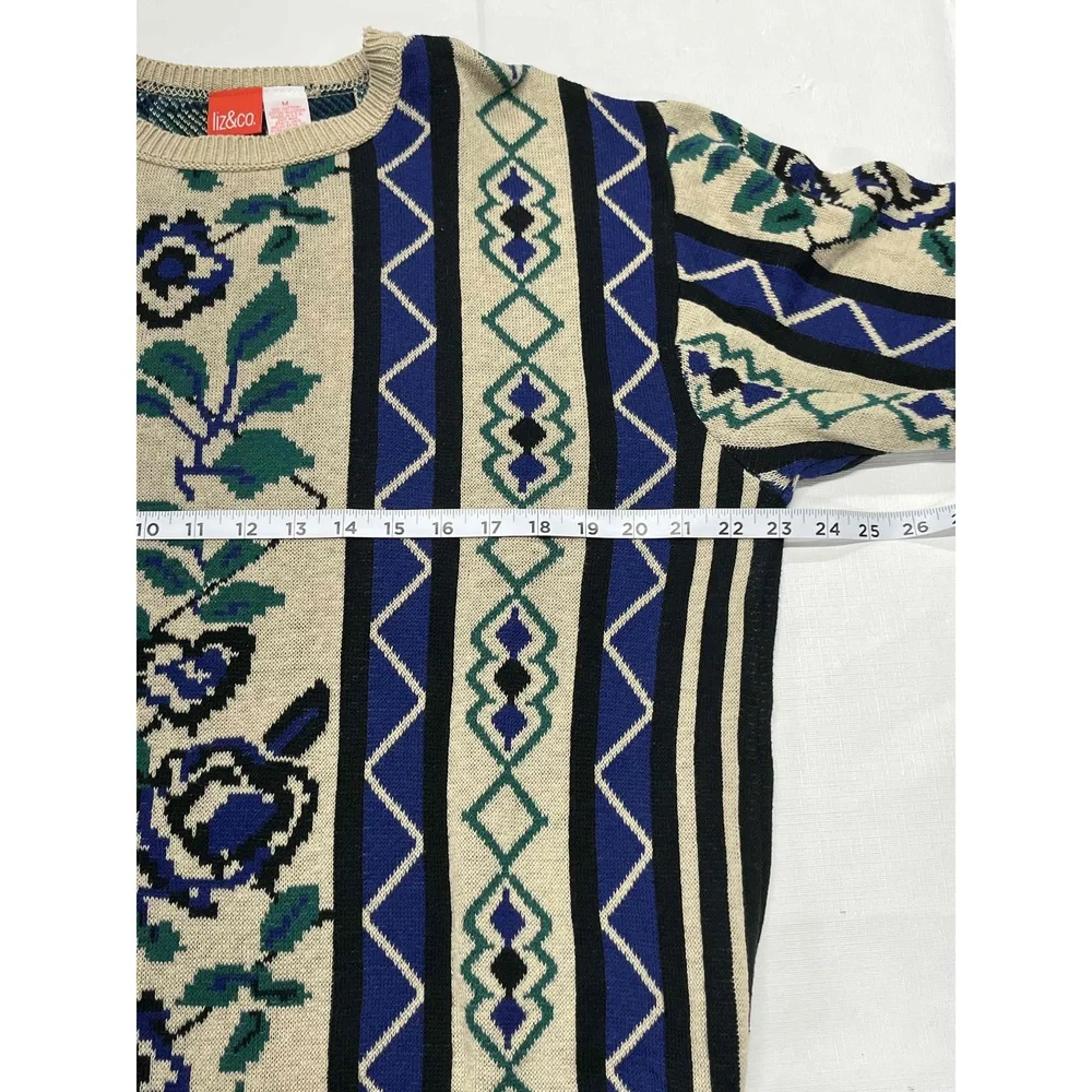 Vintage Liz & Co Cotton Womens Multicolor Floral Roses Knit Crewneck Sweater Med - Picture 5 of 12